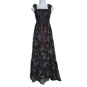 Candi Jones California Dress Vintage SIZE 7 Black Purple Blue Floral Maxi Ruffle